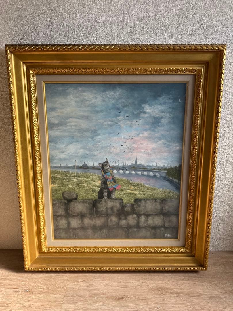 井上覚造　油彩画　セーヌの猫