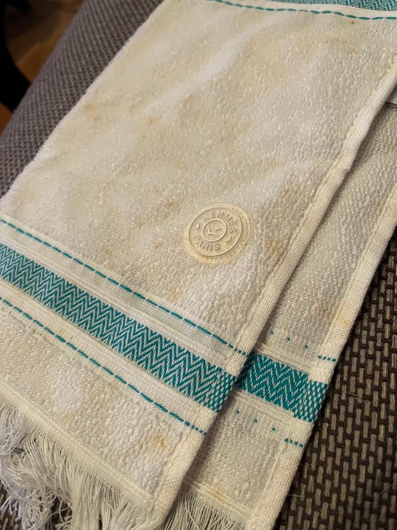 HERMES タオルハンカチ ホワイト/ターコイズ