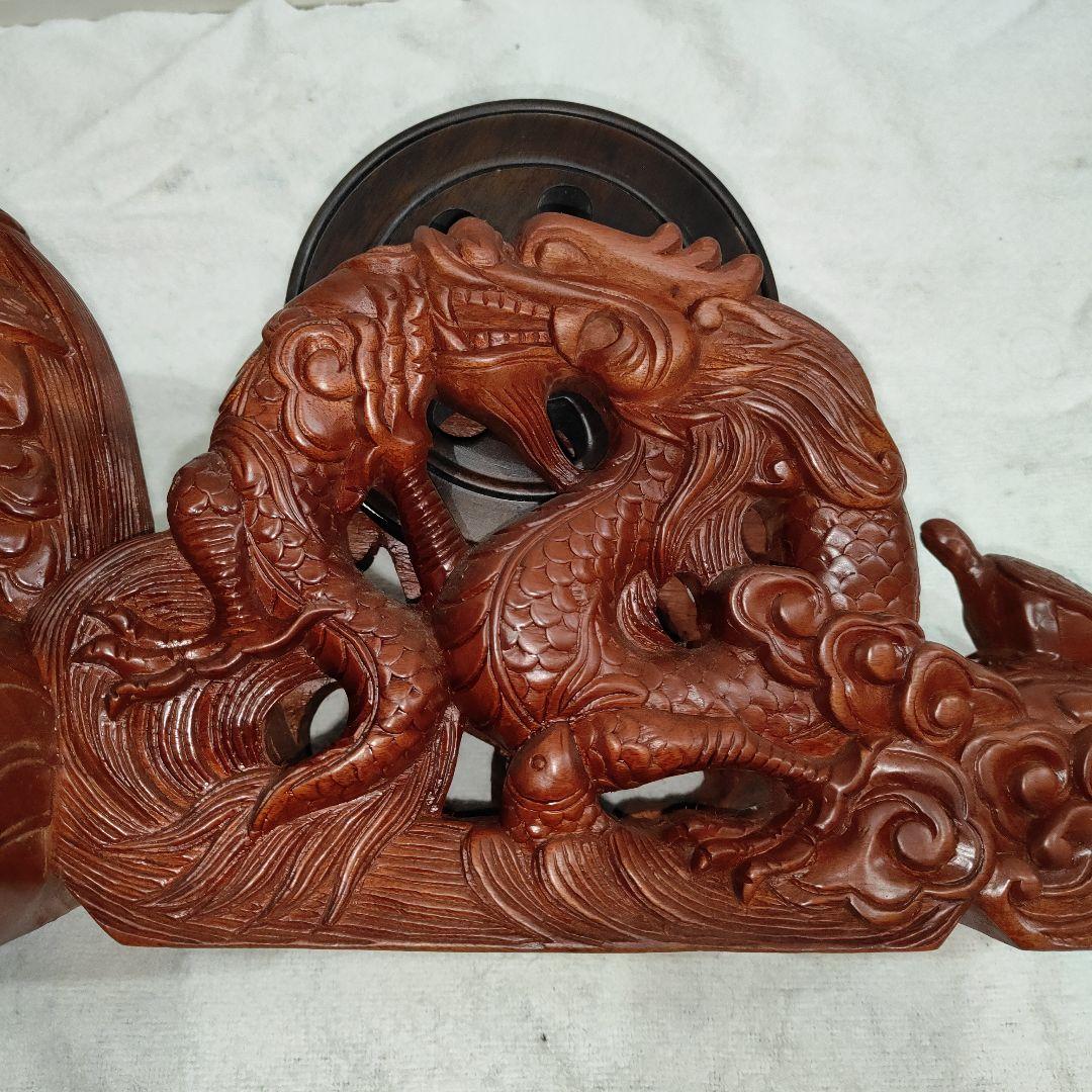 木製墨つぼ 龍・雲・亀・鶴の彫刻