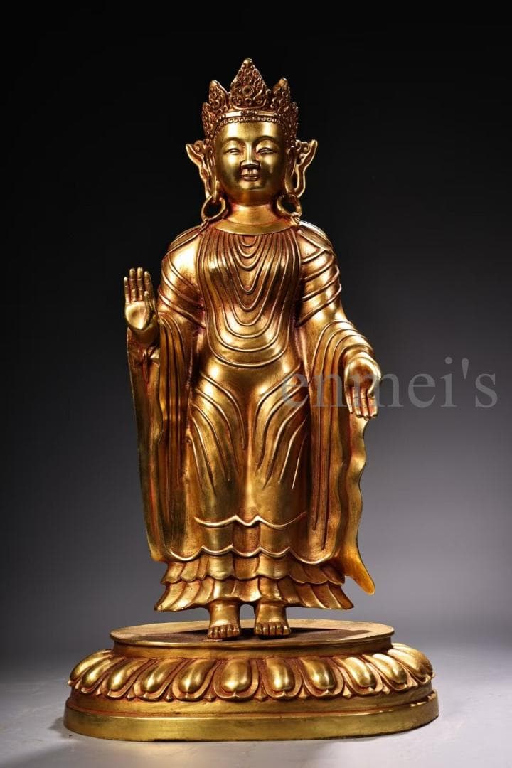 中国古美術・純銅製・鎏金仏像・北魏様式仏像／立像・仏教美術・高浮彫・風水置物