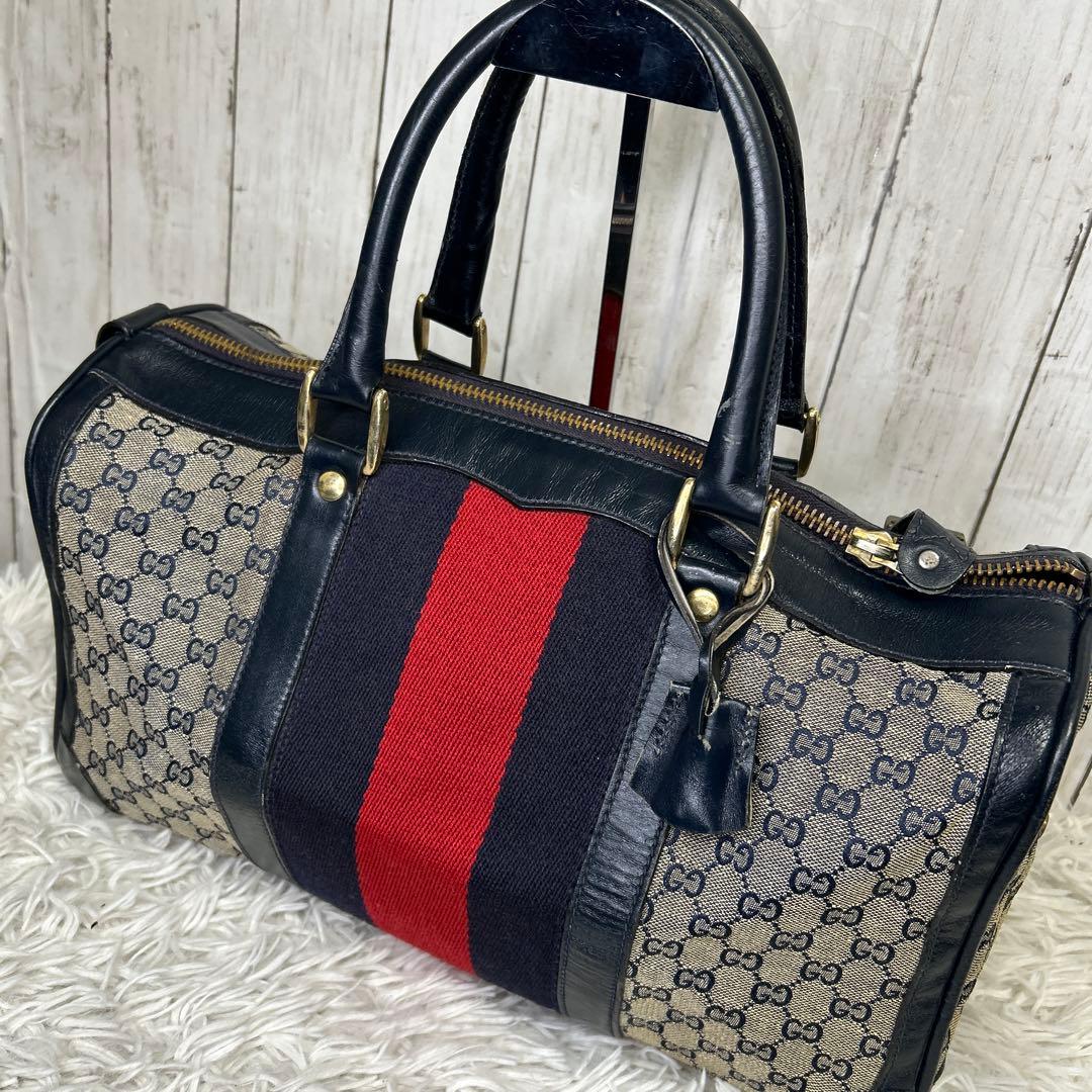 GUCCI GGキャンバス　シェリーライン　ボストンバッグ　ハンドバッグ　紺