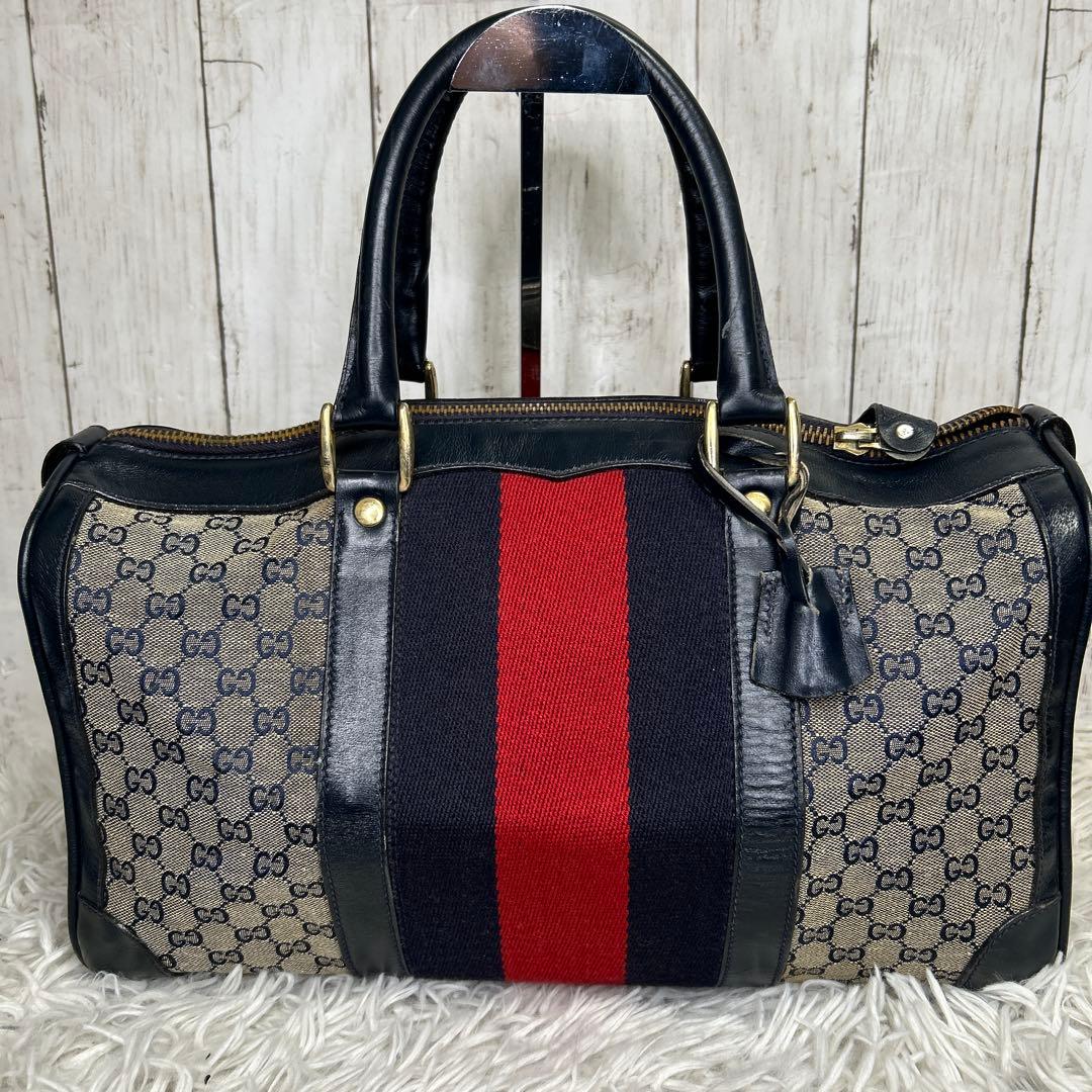 GUCCI GGキャンバス　シェリーライン　ボストンバッグ　ハンドバッグ　紺