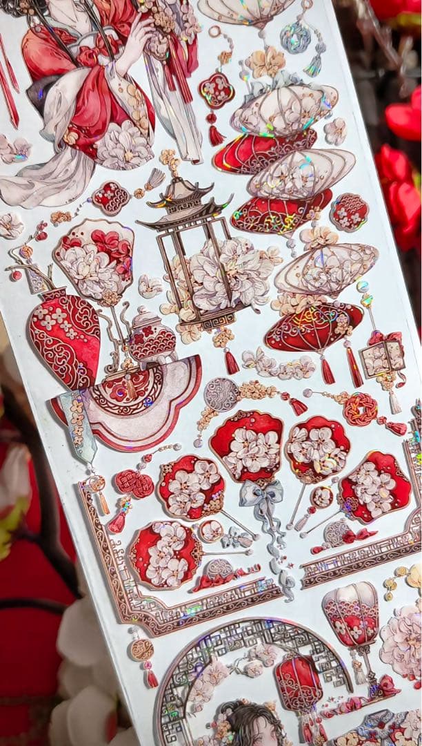 【9401】海外3/5/巻　貝殻光マスキングテープ　獅子先生新作　赤　人物古風系