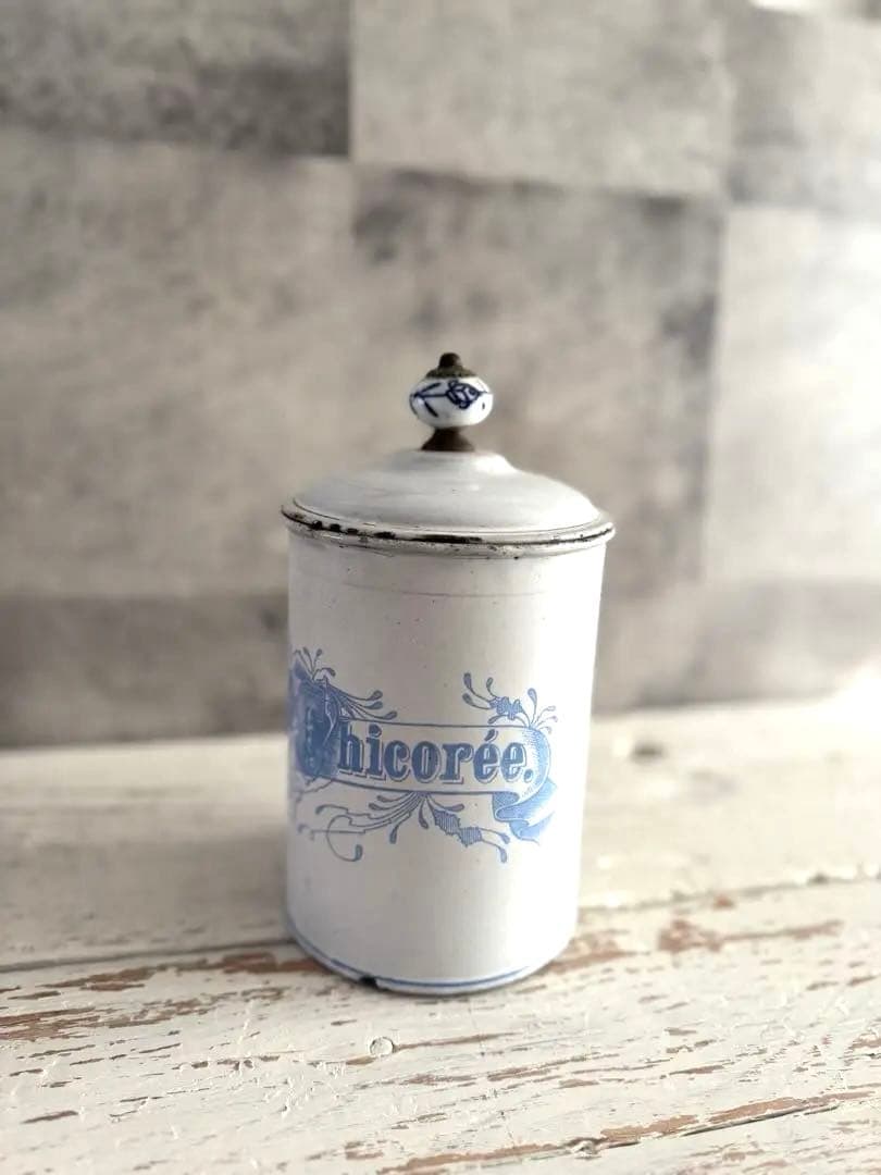 アンティークホーロー キャニスターChicorée 陶器つまみ 真鍮 希少 珍品
