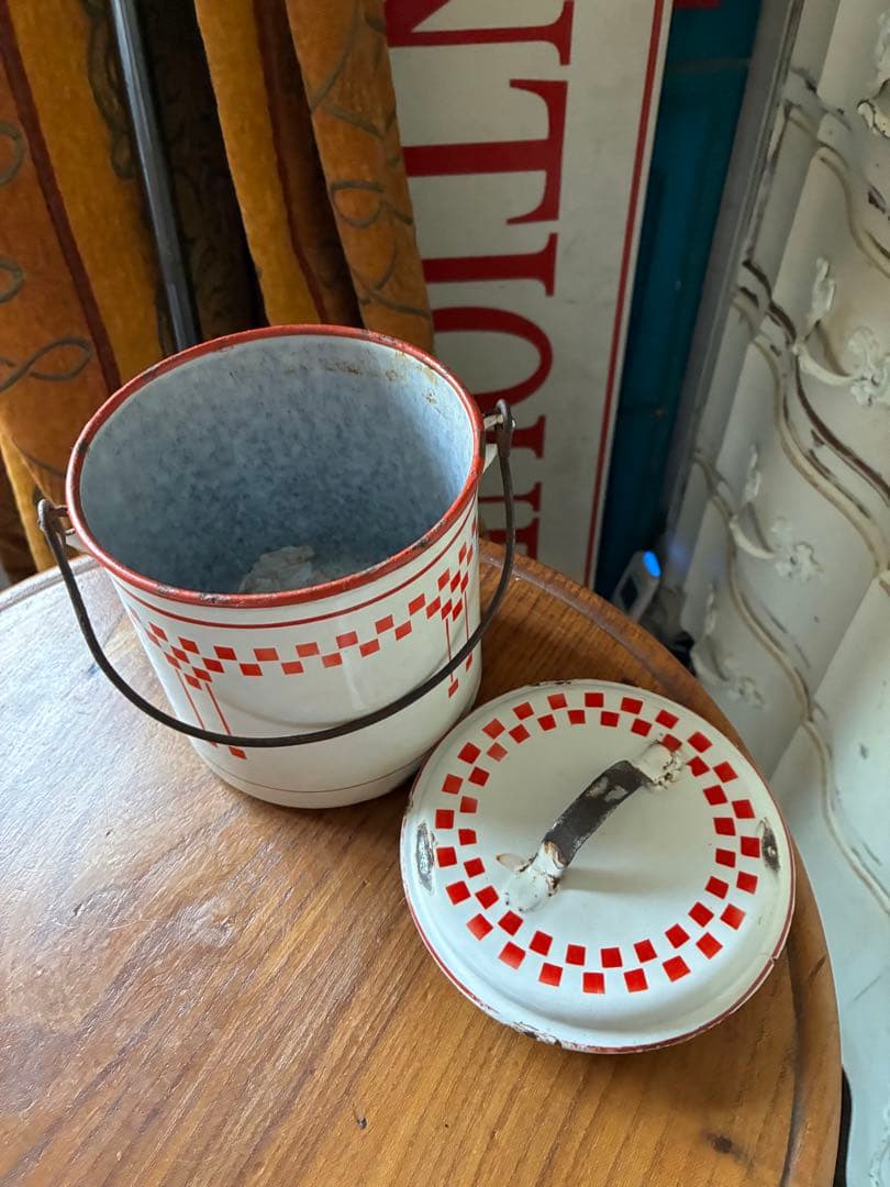 フランス　アンティーク　ホーロー　ストッカー　キャニスター　ダミエ　市松　レア