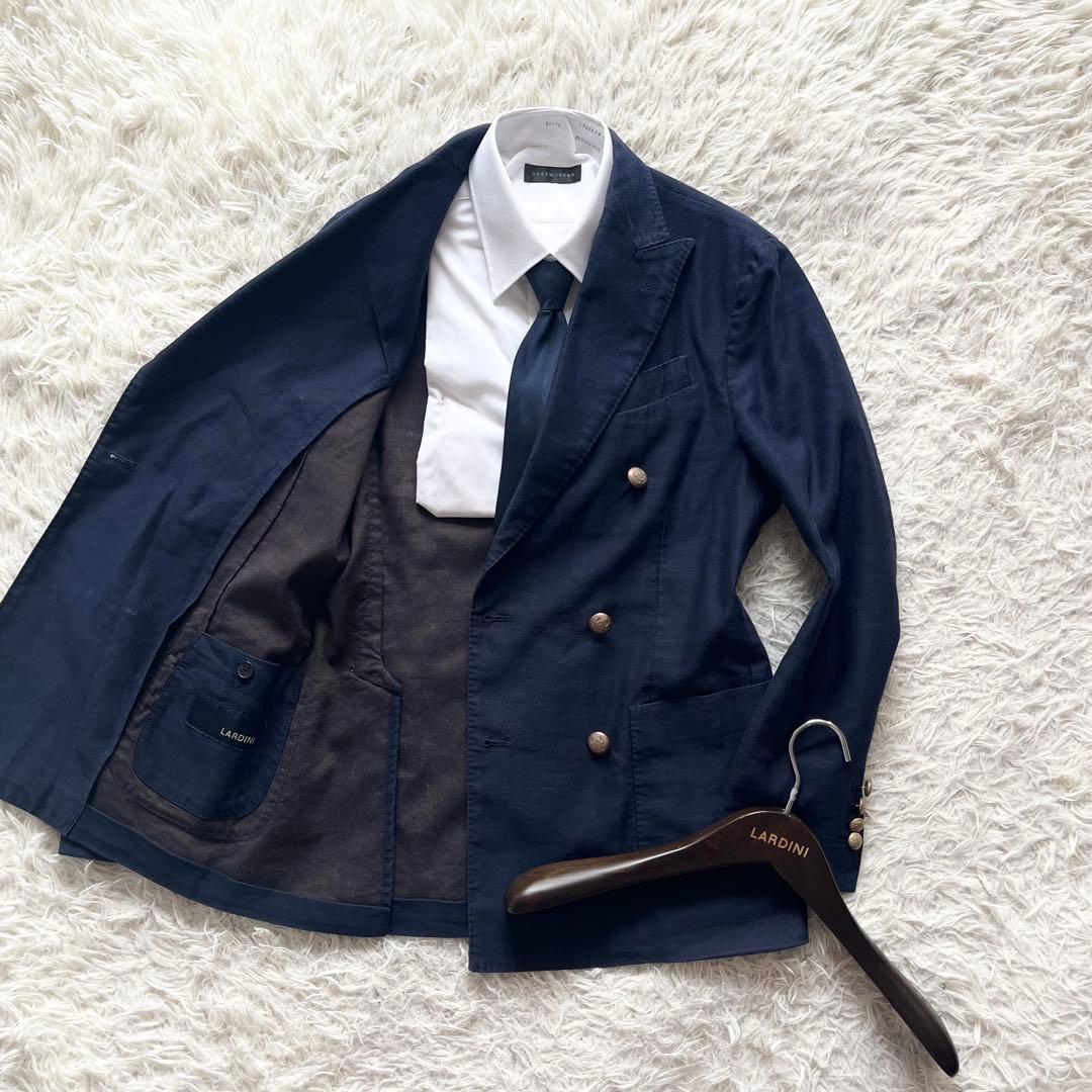 <美品>LARDINI 新ロゴ リネンコットン ダブル 紺ブレザー サイズ44