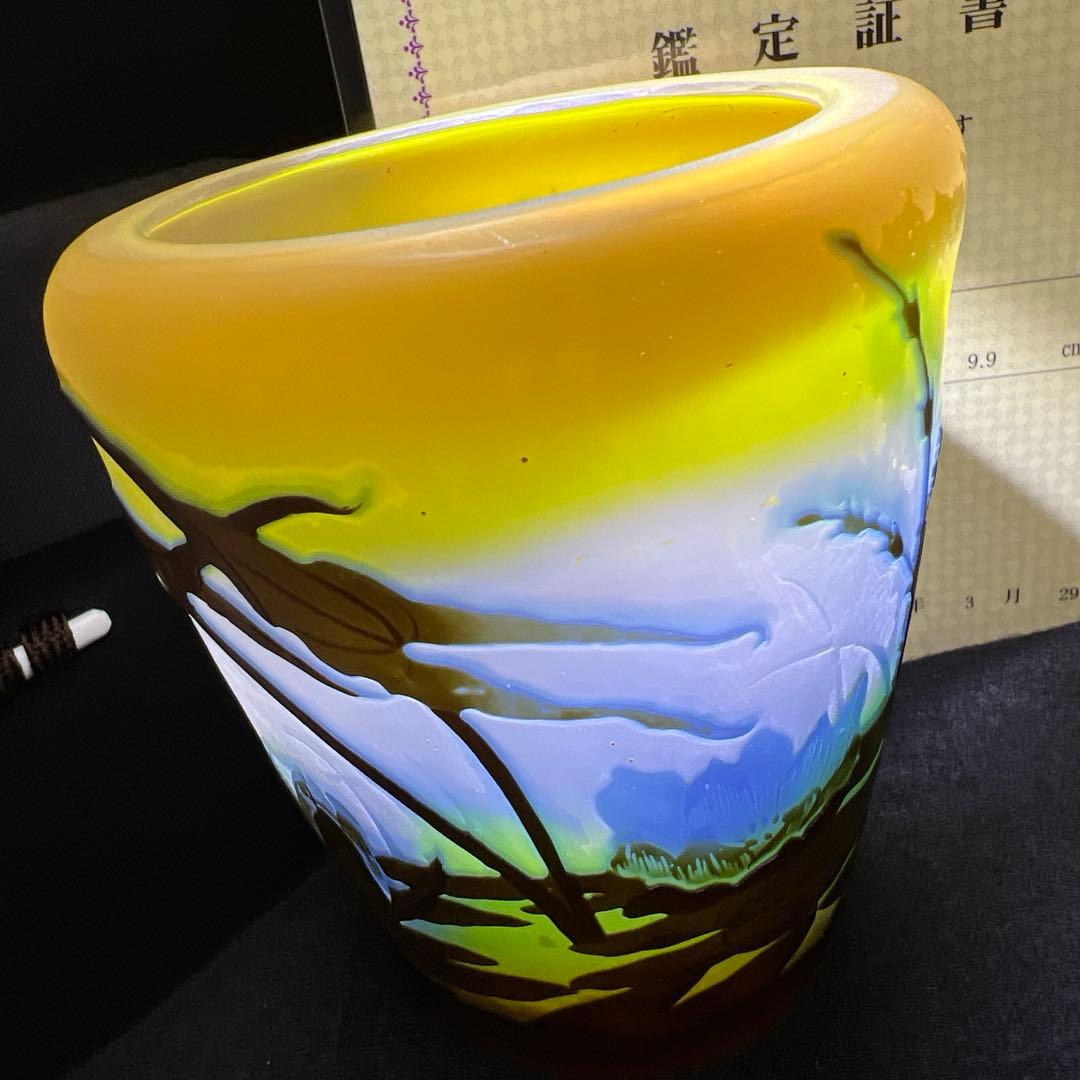 エミール・ガレ　三色酸化腐食彫花瓶　ケース付　鑑定証書付　東Y8-0210☆1F