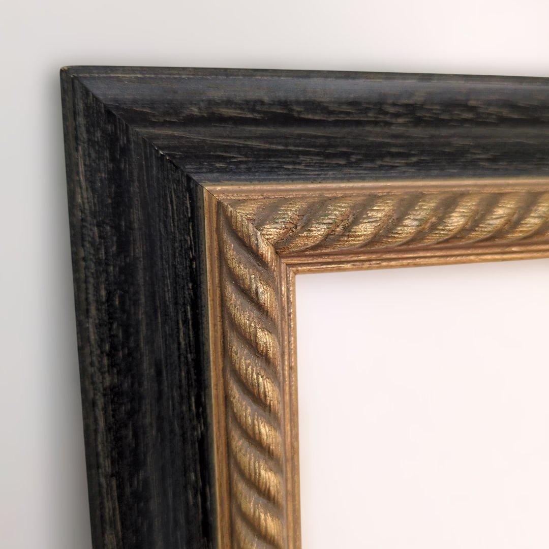 木製額縁 F30号 木製黒金ロープ模様 アクリル板・マット付