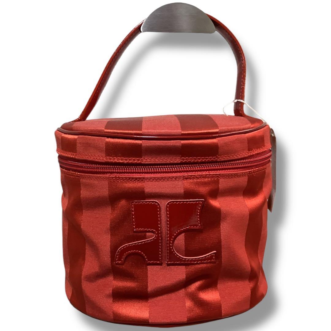 クレージュ 未使用品 フランス製 ビッグロゴ ストライプ バニティバッグ レッド