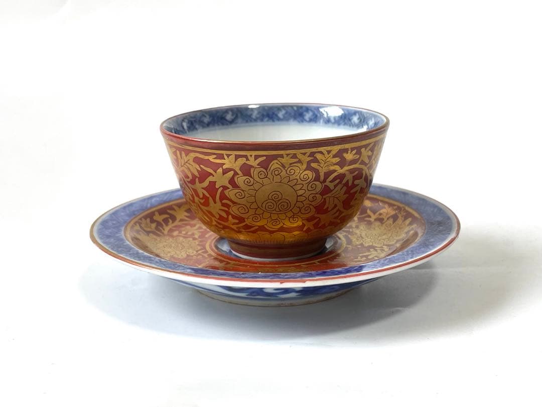 陶芸家　作家物　須田菁華　青華　金襴手台付盃　煎茶碗　杯　カップ　共箱　魯山人