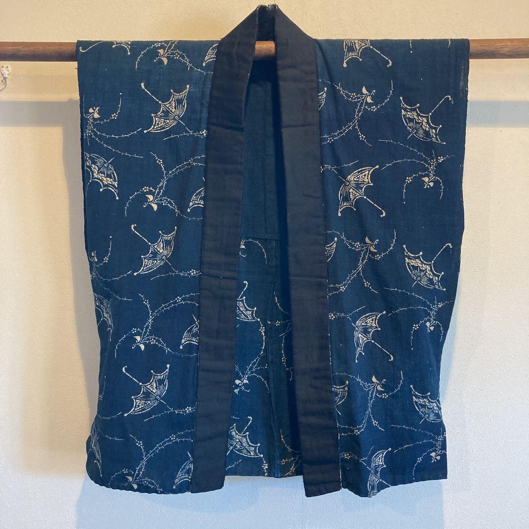古布　半襦袢　両面染め　型染　藍染　袖無し　日傘　ハイカラ　パラソル