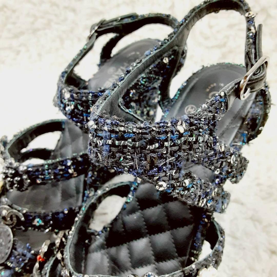 美品 24㎝◎CHANEL シャネル グリポア ツイードサンダル ブラック 黒