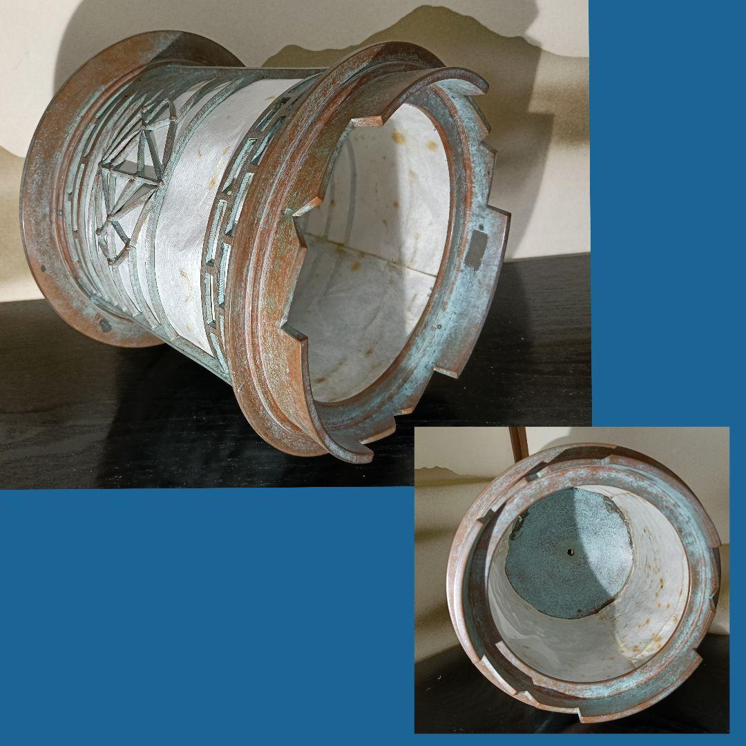 AN46 高岡銅器 名工 釣燈籠 釣灯籠 幾何文透かし 円筒型 青銅 共箱