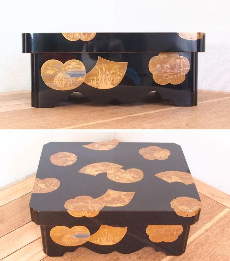 【骨董・時代の美品】大名道具 宝箱 山水蒔絵 箱物/蓋物/菓子器/容器 金縁隅切