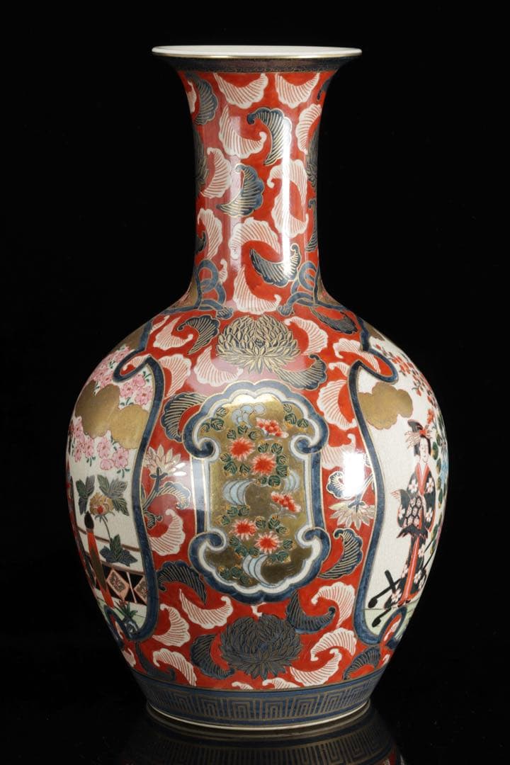 伊万里焼 大型花瓶 飾壺 45.5㎝ 赤絵金彩 美人花車図 伊萬里 古美術 骨董