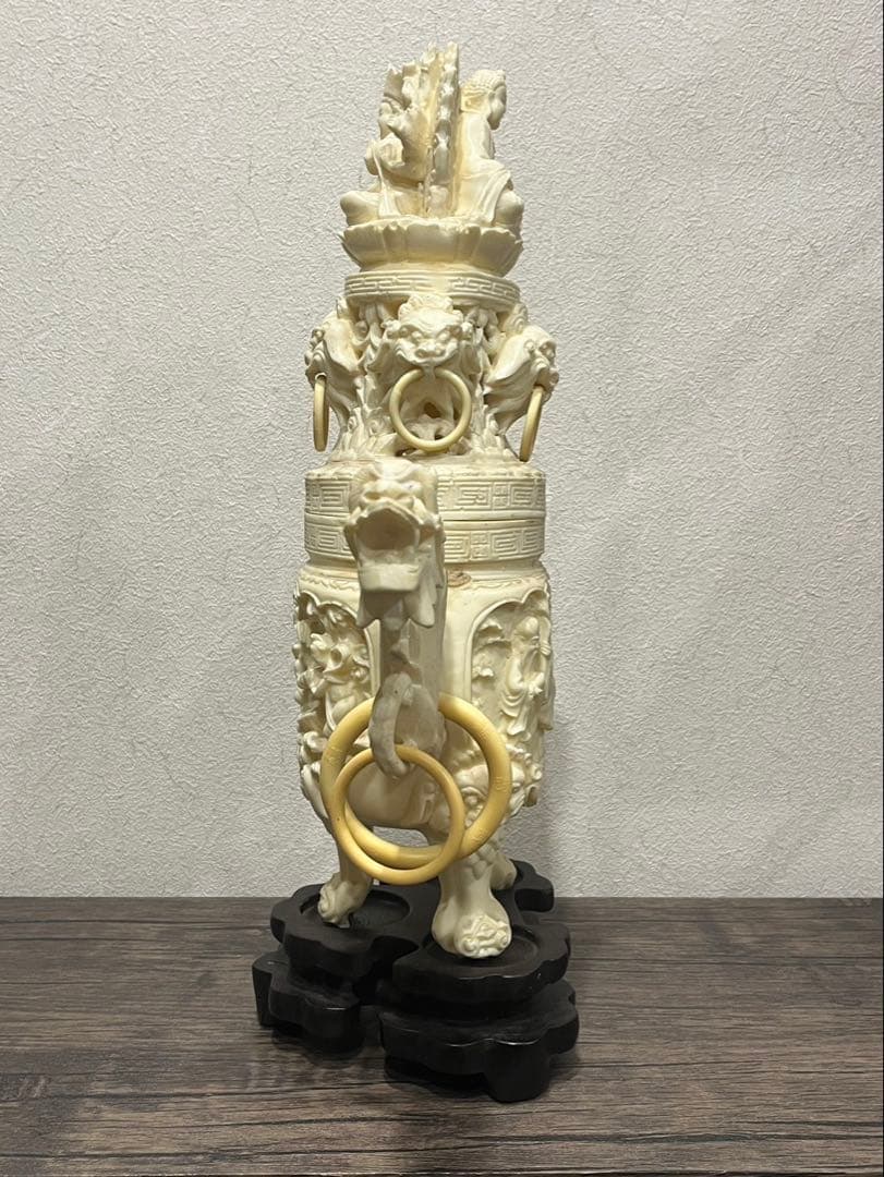 【送料込み】中国骨董　唐木台付き　彫刻　置物　象 大型香炉 手彫工芸品 三鼎型