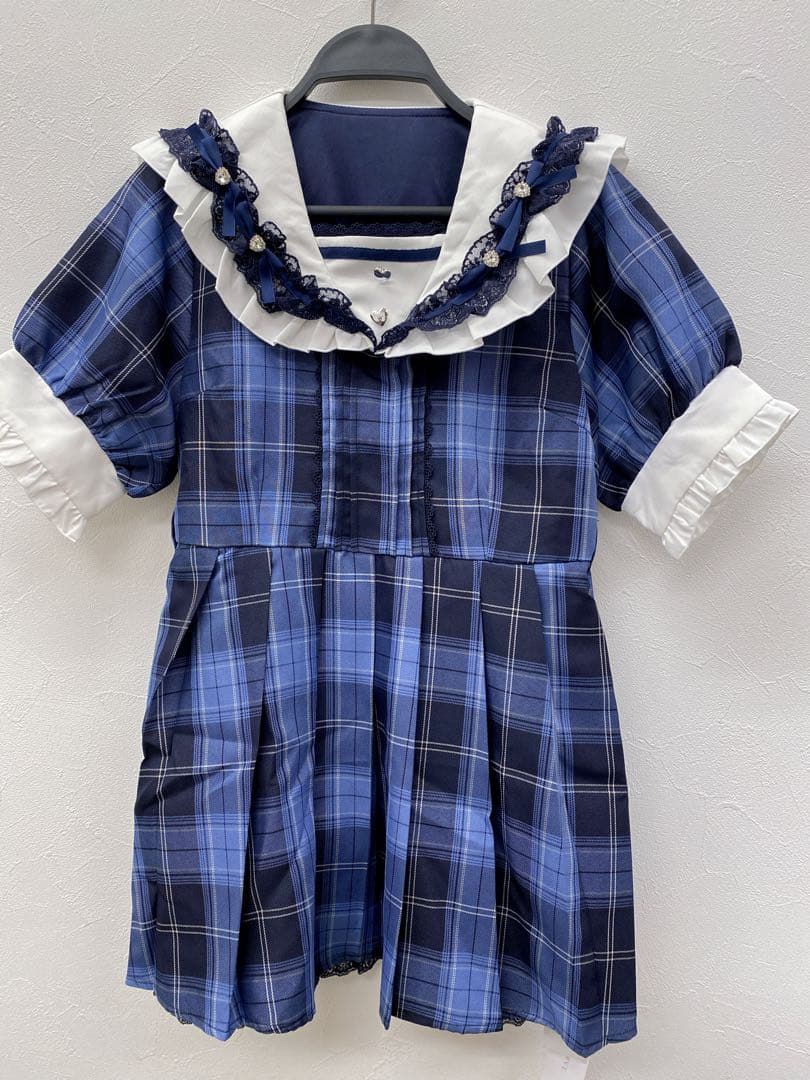 セーラービジューレースフリルワンピース L ミニ　ネイビーチェ　新品