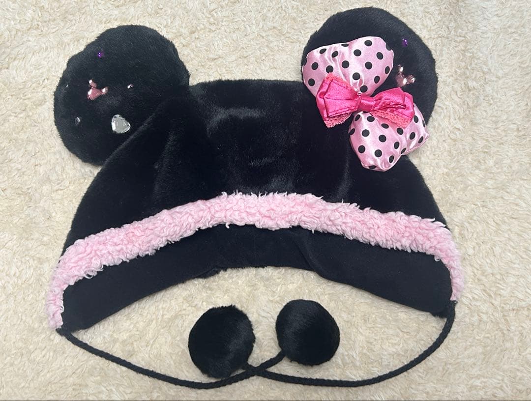 ミニーちゃん ファンキャップ 黒 ピンク リボン付き