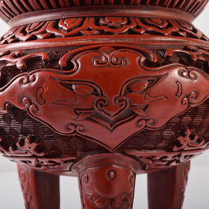 中国　剔紅　堆朱　神獣彫　香炉　唐木台付　D　R8251