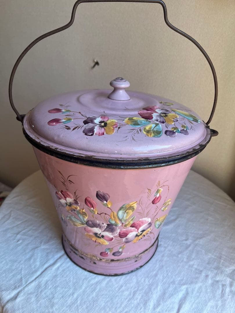 希少♡フランスアンティーク　ピンク　手描き　ホーロー　バケツ　ハンドペイント