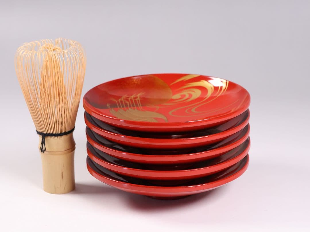 【CM374】時代木製漆器 光琳写 金蒔絵 群鶴図 朱塗 引盃 五客 小皿 杯