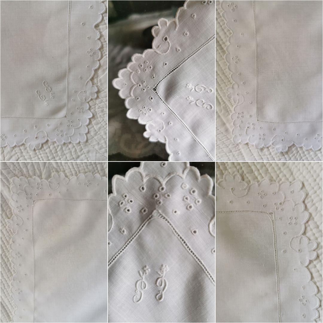 アンティークフランス 細やかなアイレット&スカラップ&花文字刺繍 リネンハンカチ