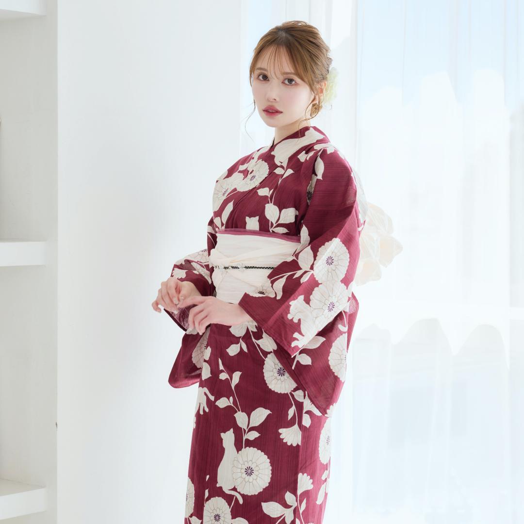 新品 浴衣のみ　帯無しえんじ 白 Y5-7