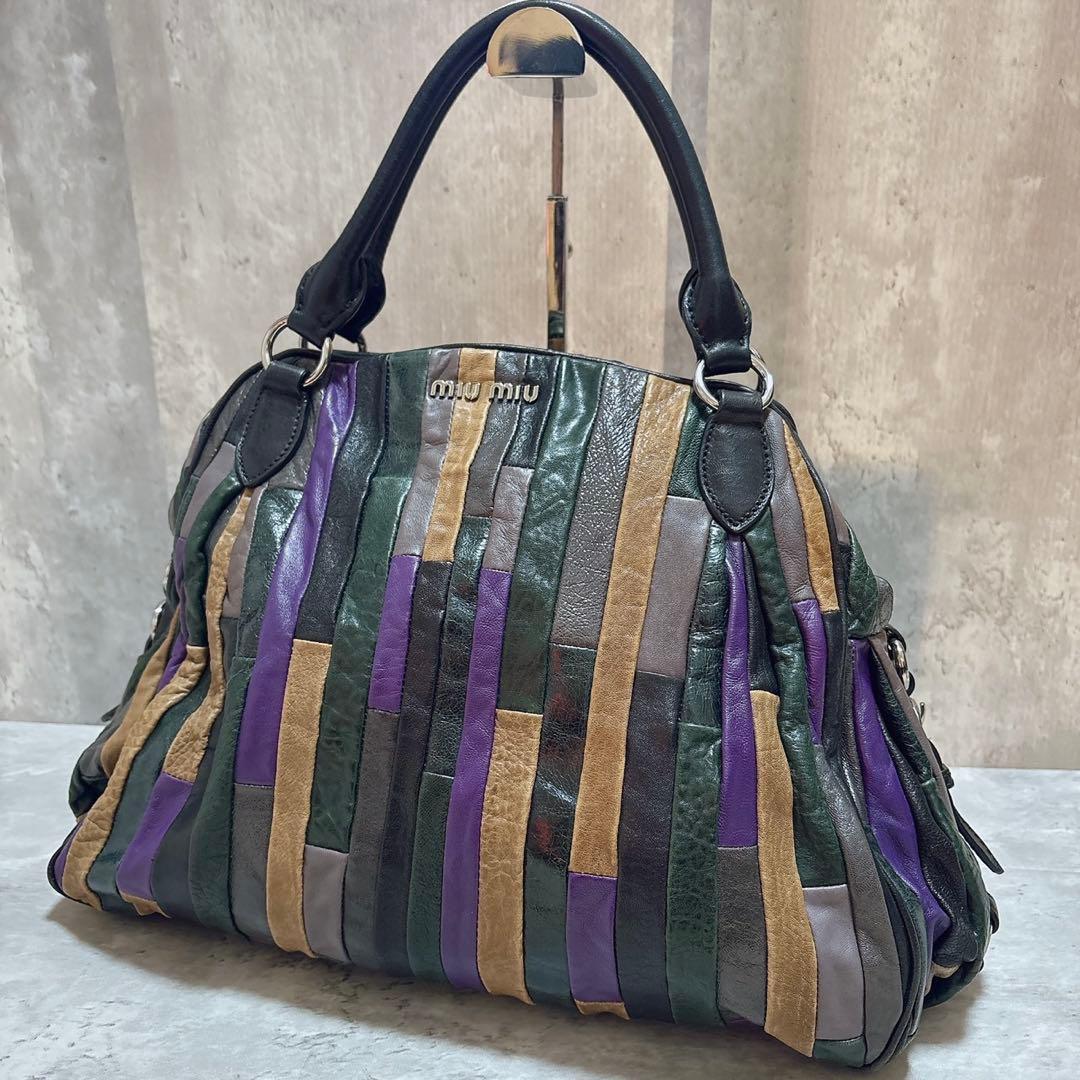 希少美品 miu miu パッチワーク ハンドバッグ Y2k マルチカラー 羊革