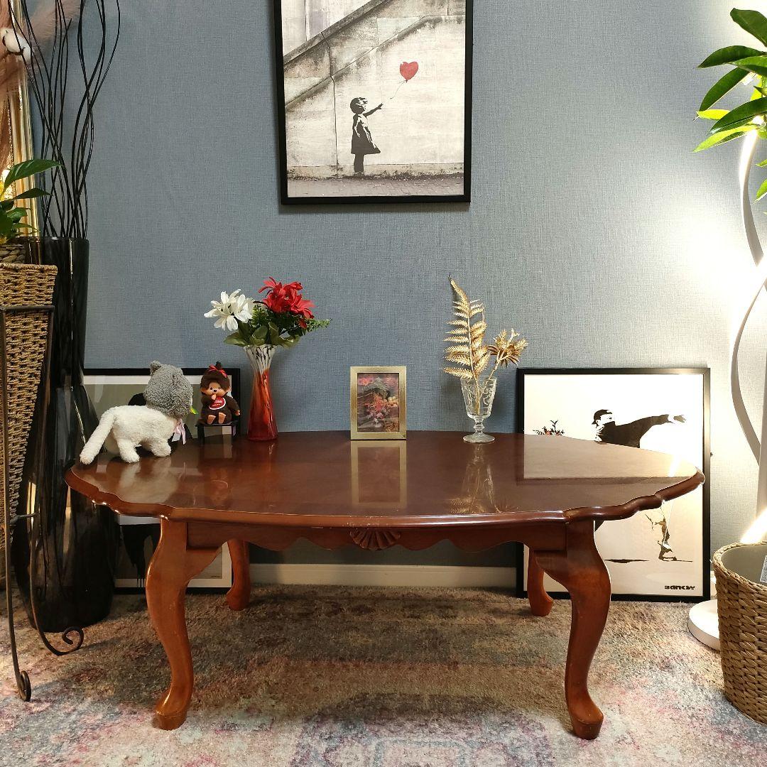 ロココ調 ローテーブル 猫脚 貝彫刻 オーバルテーブル