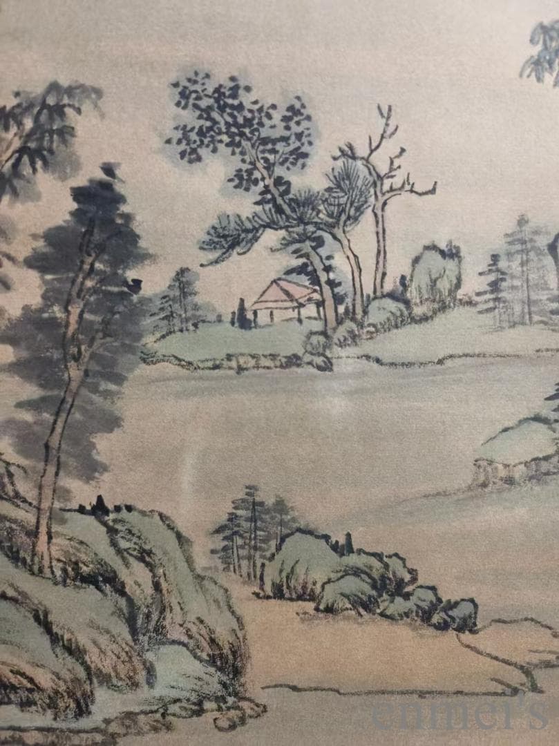 中国古美術【王時敏款 山水図 手描】古書画 正統派 三尺水墨画 掛軸 文房置物