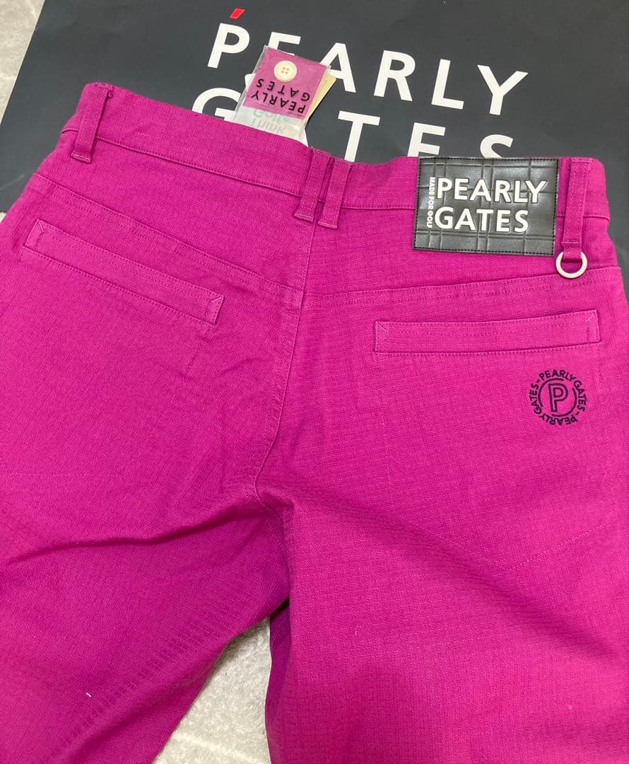 新品 パーリーゲイツ コットンストレッチドビーチェックパンツ(4)サイズM/紫