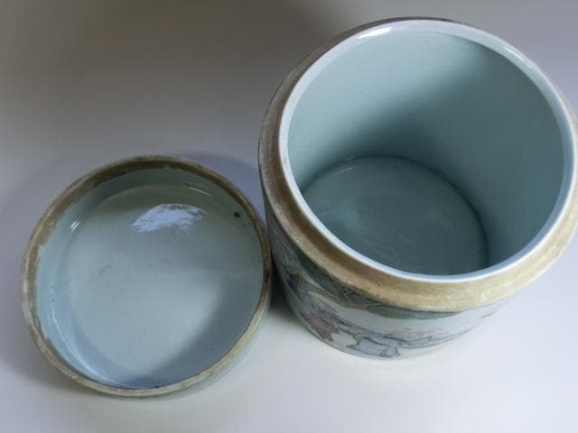 蓋物■中国陶磁器人物色絵合子 茶入 桃松 唐人 蓋鉢 丸筒鉢 入物 古玩 骨董■