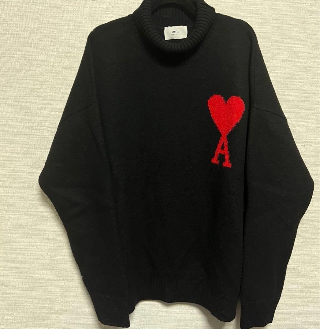 ami タートルネックニット 黒 ハート刺繍　XL