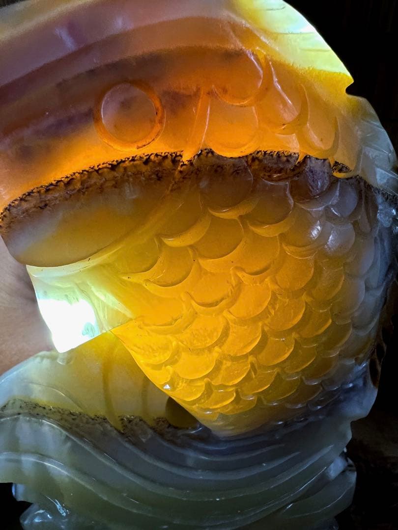 中国美術 時代 瑠璃 玉 昇鯉 台座付き