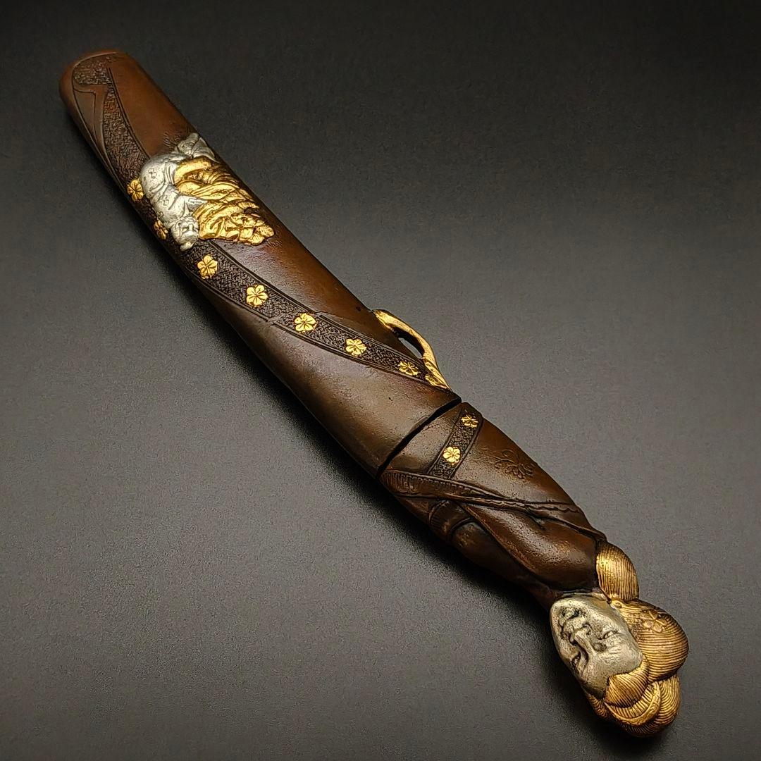 年末セール　銅製刀装具　短刀拵　柄鞘一式　遊女の図　絵金銀　金工品　細工　刀装具