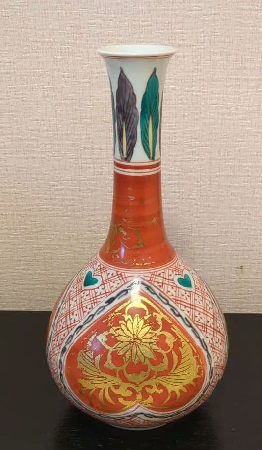 お正月陶器の花瓶 金箔装飾 骨董金箔