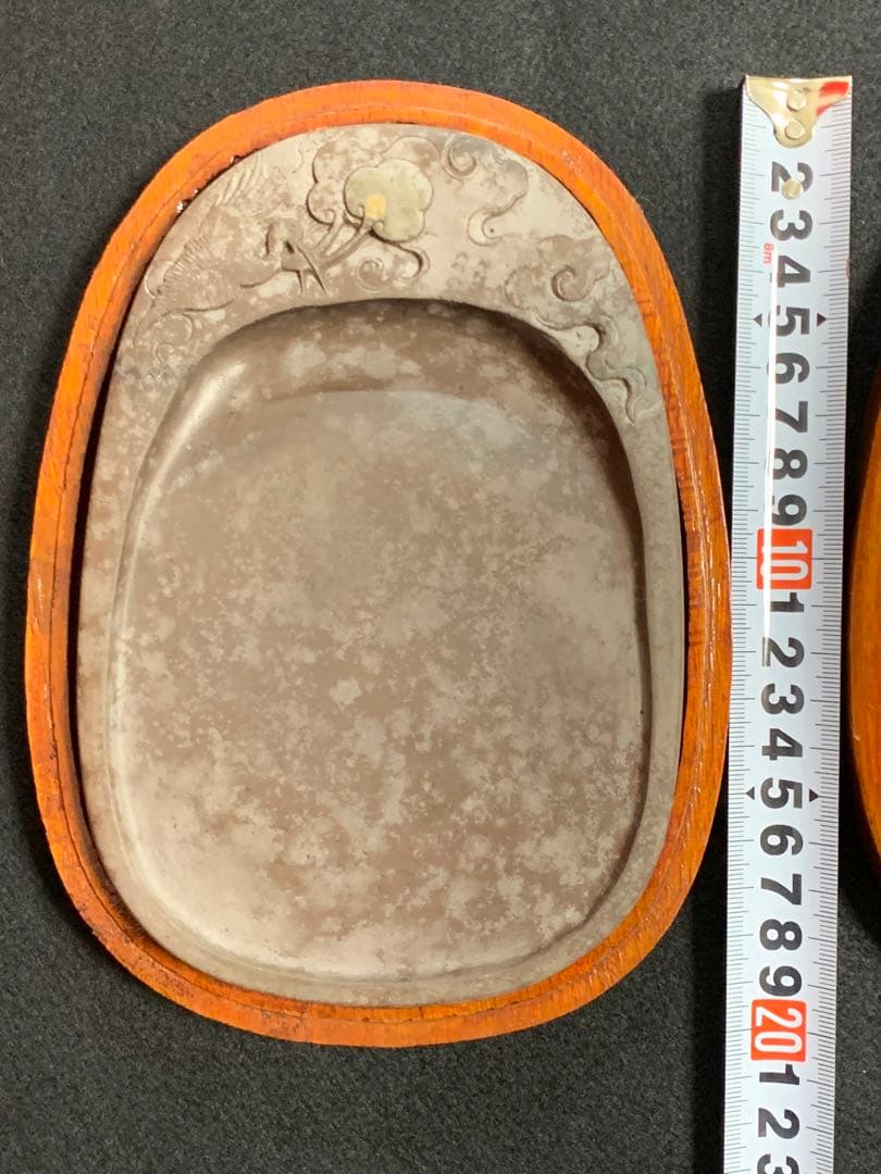 端渓硯　中国硯　木箱入り　梅鳥彫刻　石目 硯石 石筋