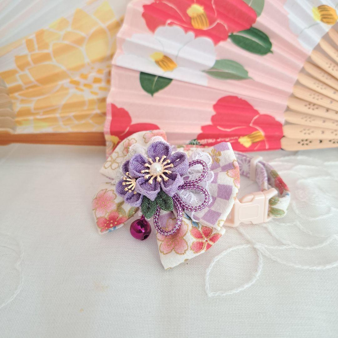 お正月、つまみ細工リボン(紫③)わんちゃん猫ちゃん用首輪