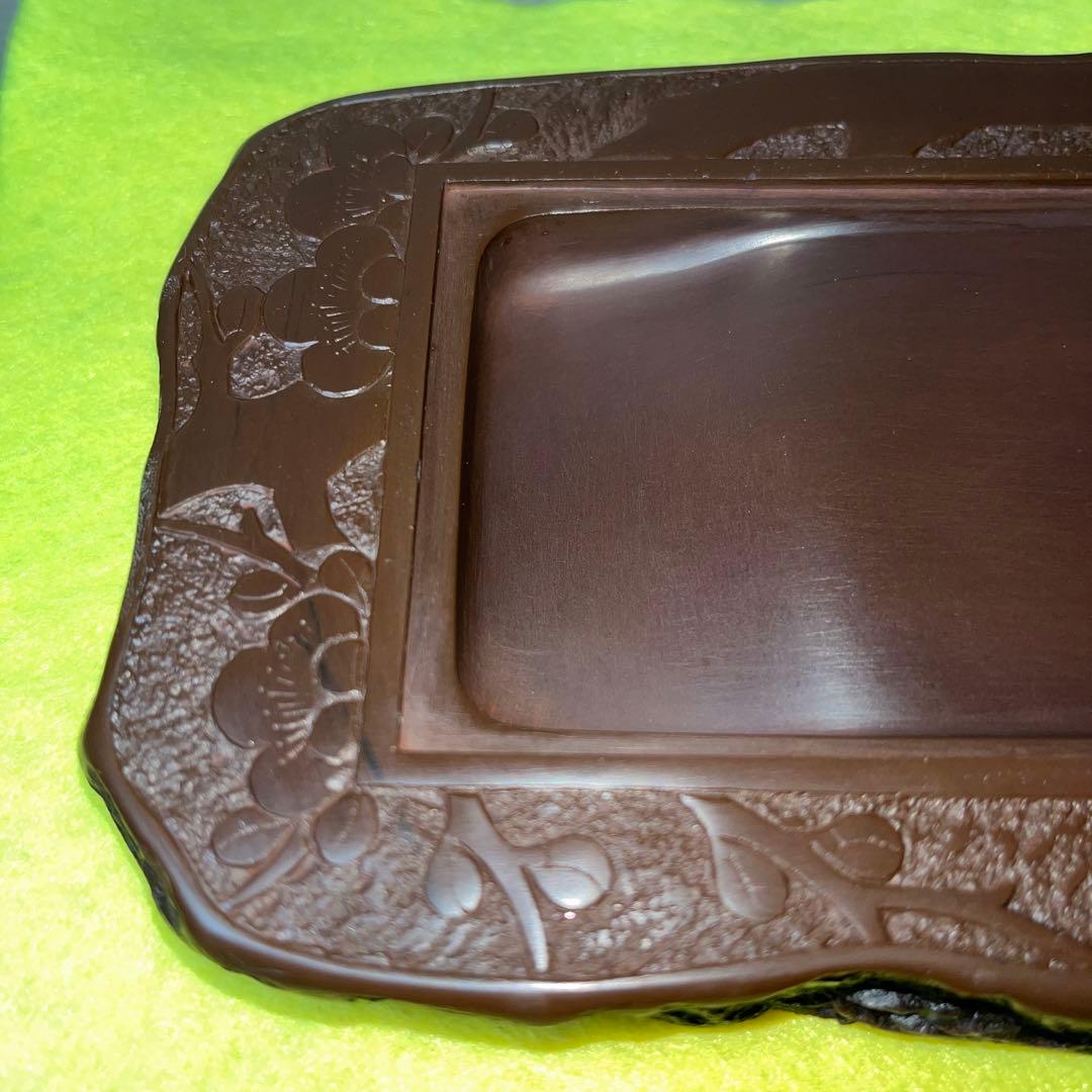 ⭕️赤間硯　共蓋付き　研堂作　梅花彫刻硯　美品　墨持ちが良い　硯