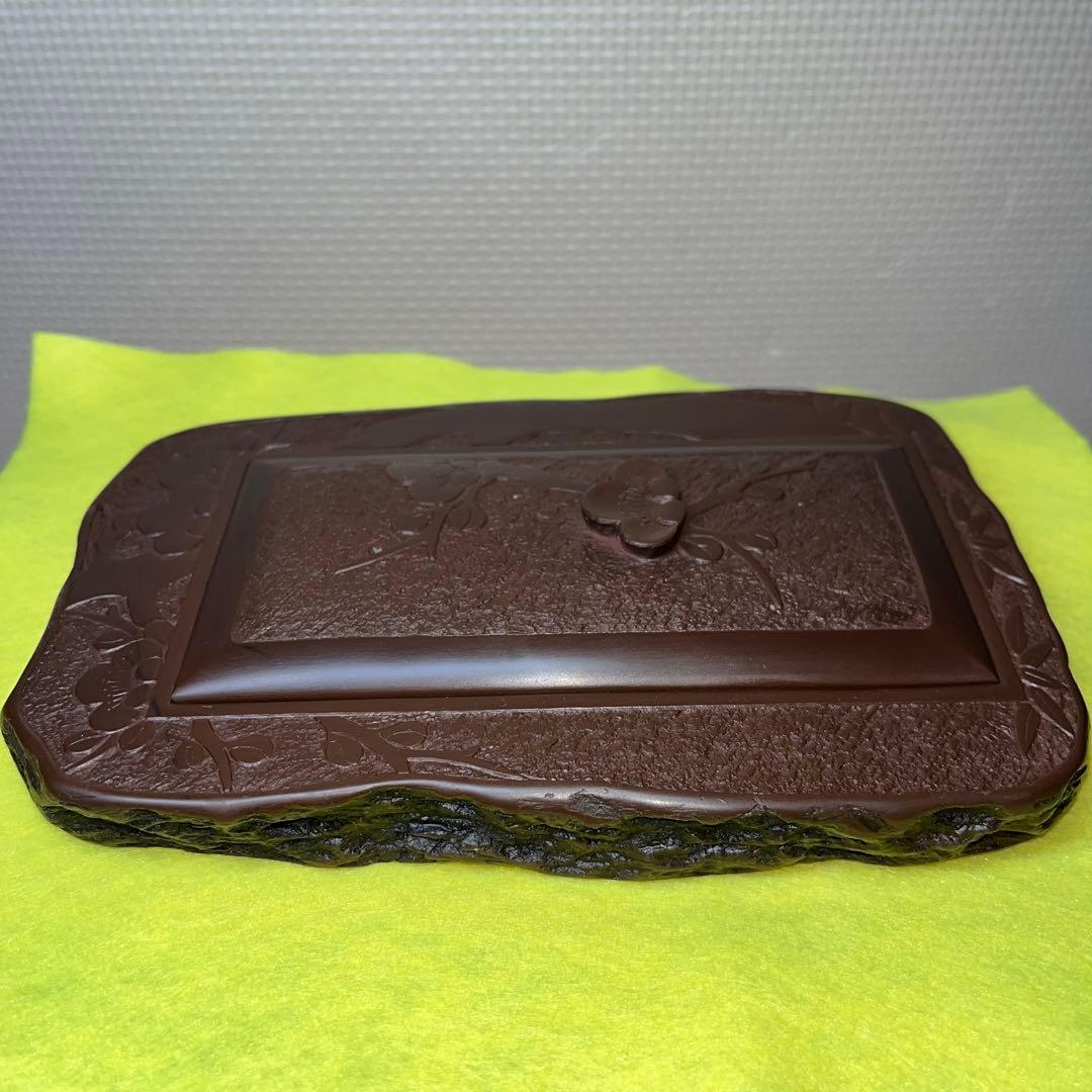 ⭕️赤間硯　共蓋付き　研堂作　梅花彫刻硯　美品　墨持ちが良い　硯