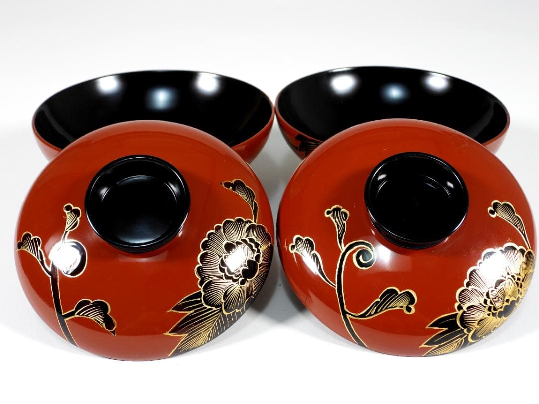 輪島塗　懐石椀汁椀　蒔絵椀　上質朱漆　牡丹沈金 蓋碗十客 共箱