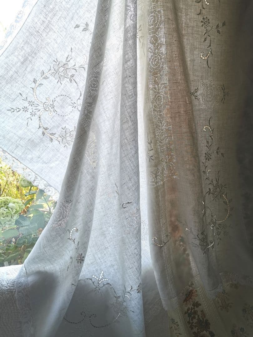 アンティーク手織りアイリッシュリネン フィレレース＆ニードルワーク 大判クロス