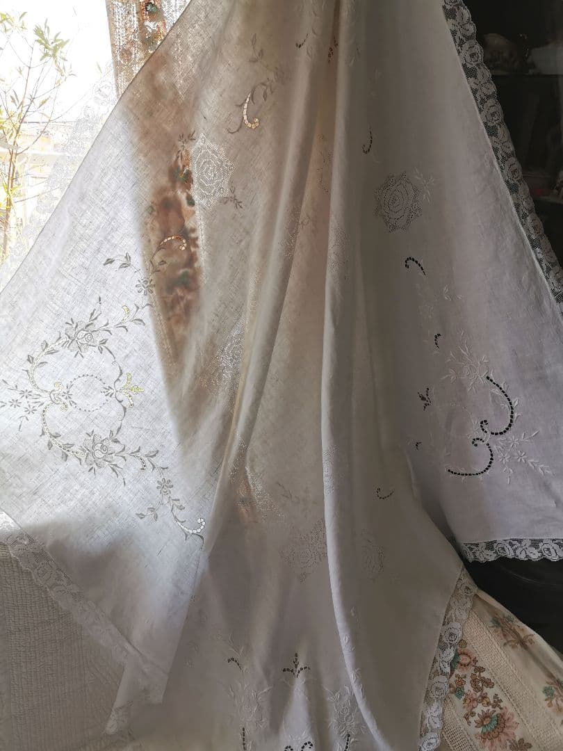 アンティーク手織りアイリッシュリネン フィレレース＆ニードルワーク 大判クロス