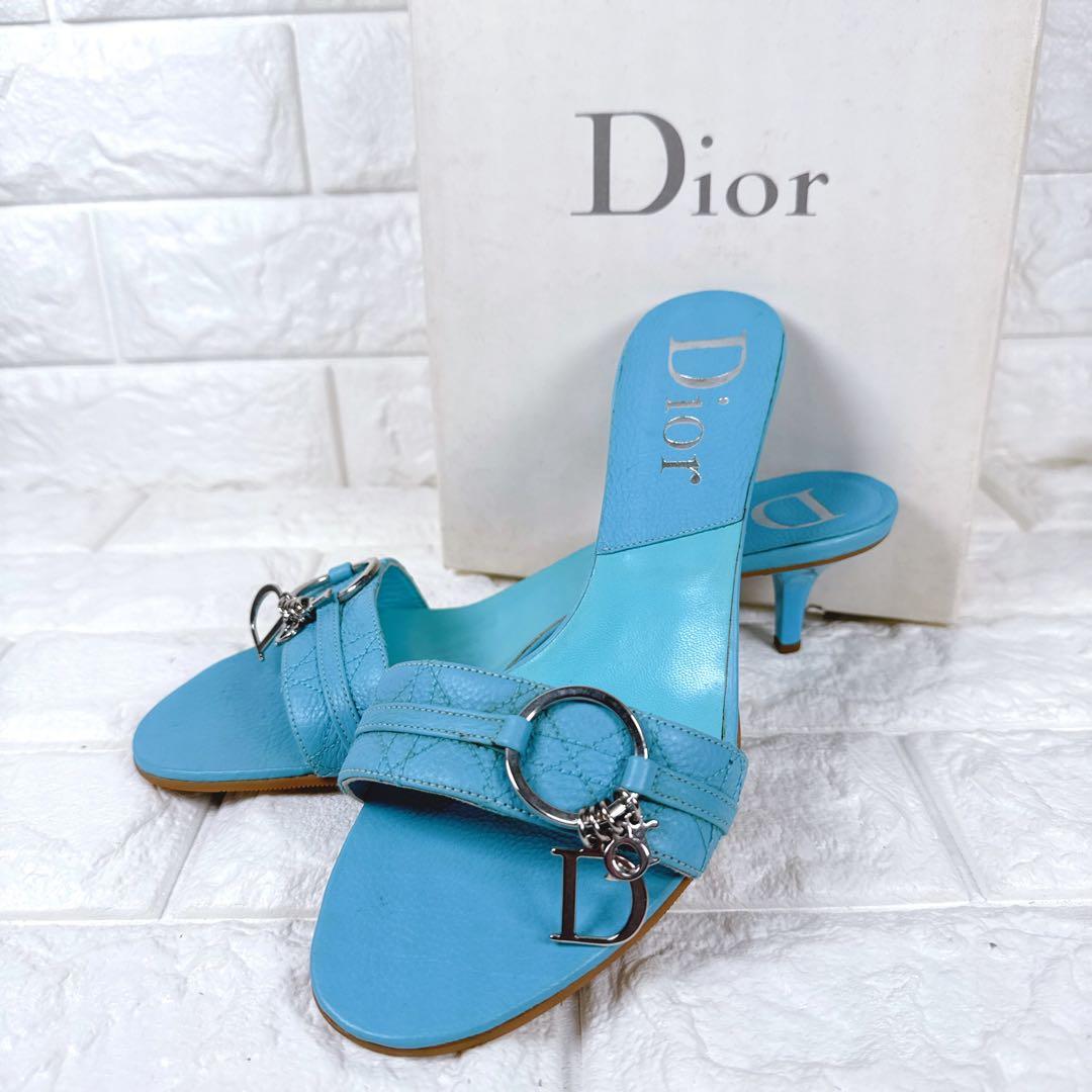 Christian Dior ブルー カンナージュ ロゴ チャーム ミュール