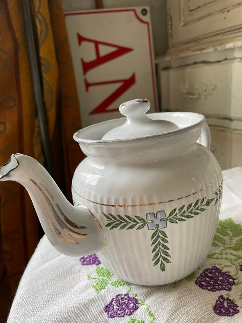 フランス　アンティーク　ホーロー　コーヒー　ティー　ポット　ガーランド　BB社