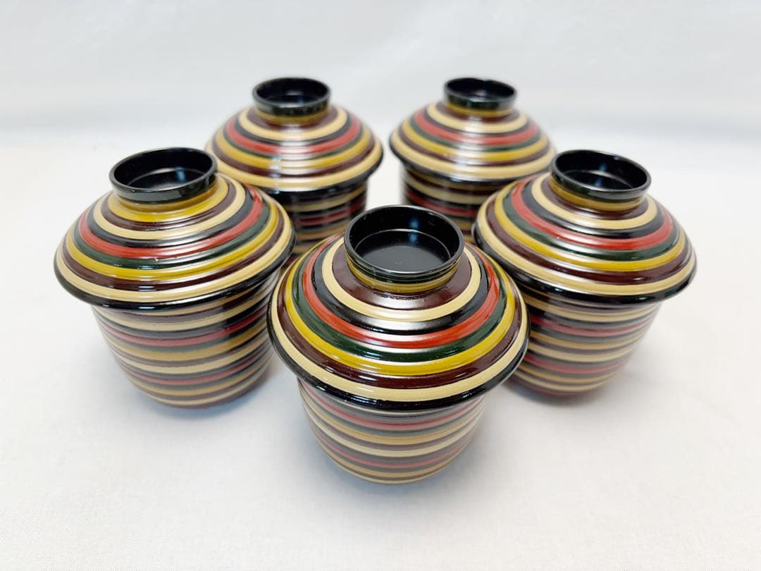 未使用 懐石道具 木製 独楽 箸洗 5客揃 内黒 小吸物椀 和食器 紙箱