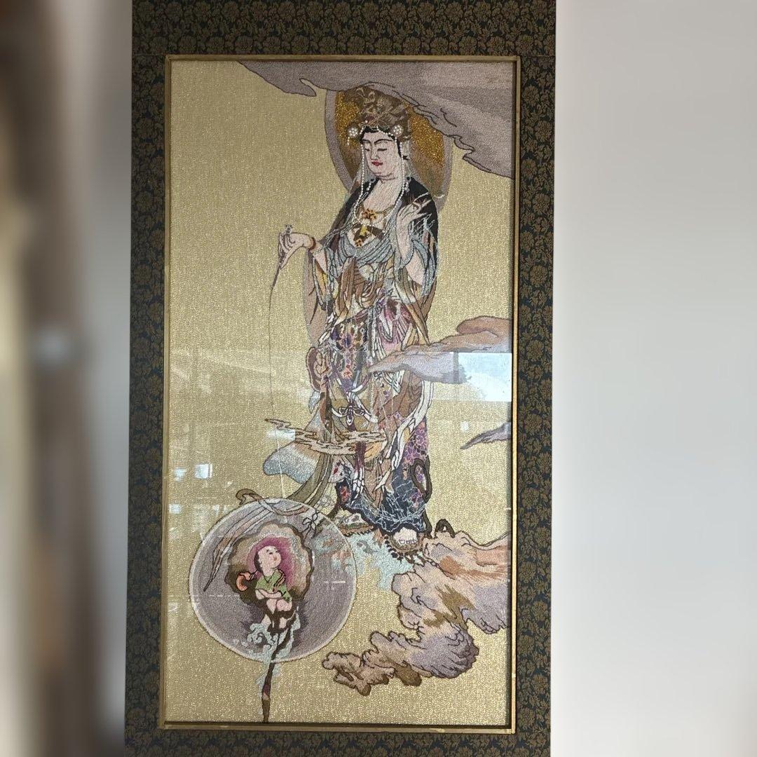 文化刺繍 慈母観音図 着色絹本 仏画 仏教美術 悲母観音 刺繍画 刺繍アート