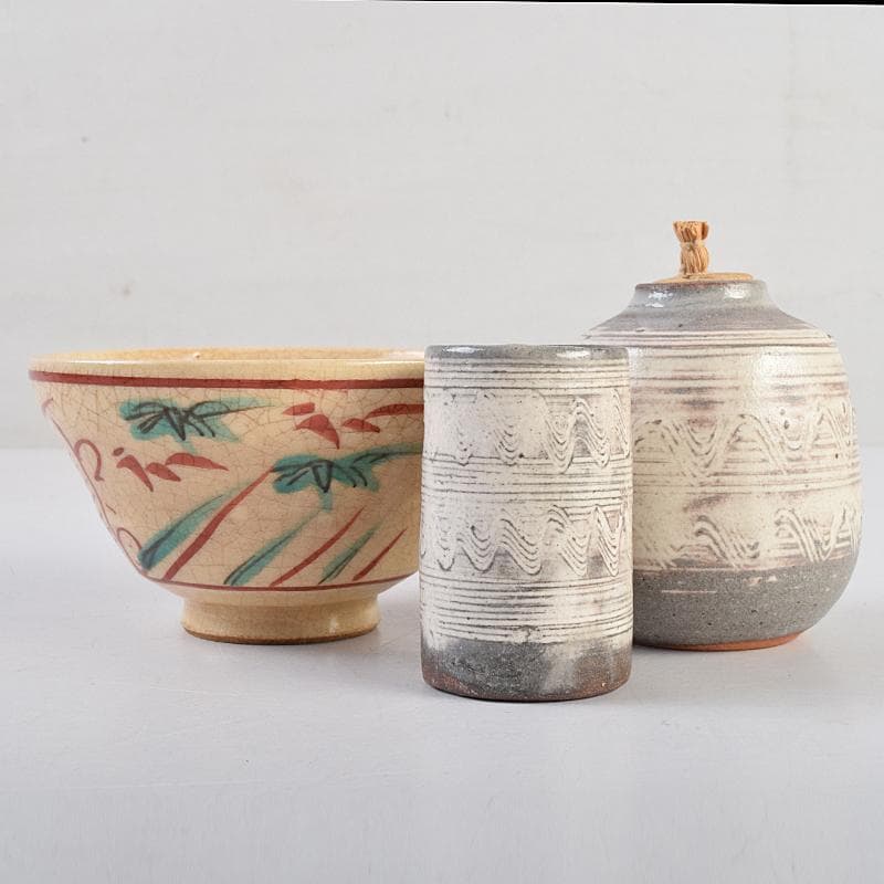 茶道具　平安　籃峰斎作　茶籠　茶碗　独楽棗など　七点一式　仕覆付　Y　R9517