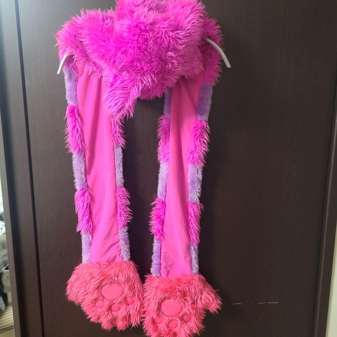 チェシャ猫 フリース耳付きフードスカーフ ピンク紫