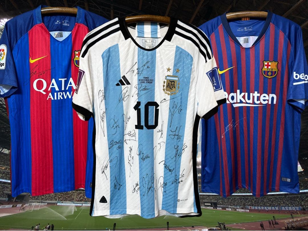 【メッシ直筆サイン入り3枚】 アルゼンチン代表•バルセロナユニフォームおまけ付き